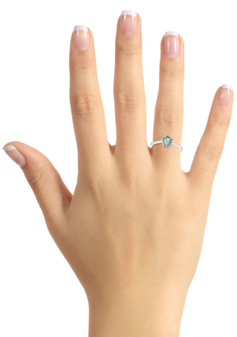Sterling Silver 6x4mm Pear Shaped Labradorite Diamond Accent Halo Ring