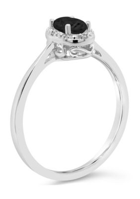 Sterling Silver 6x4mm Oval Black Agate Diamond Accent Halo Ring