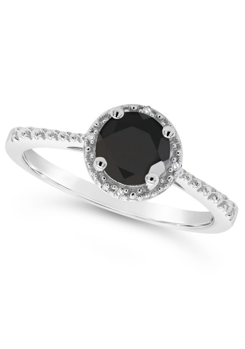 Sterling Silver 6mm Round Black Agate Diamond Accent Halo Ring