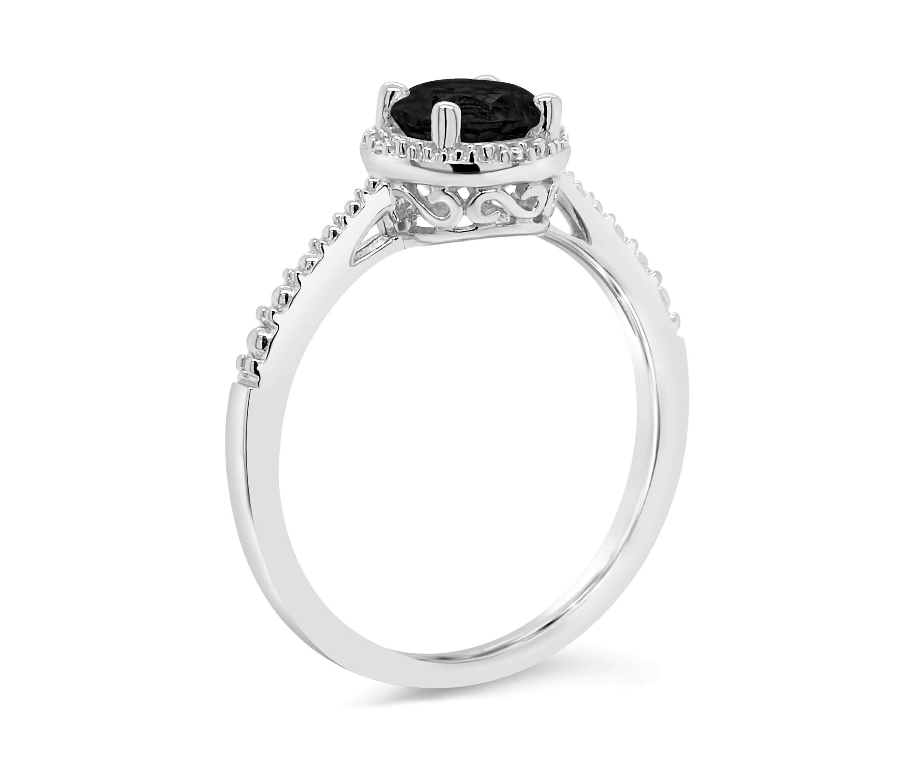 Sterling Silver 6mm Round Black Agate Diamond Accent Halo Ring