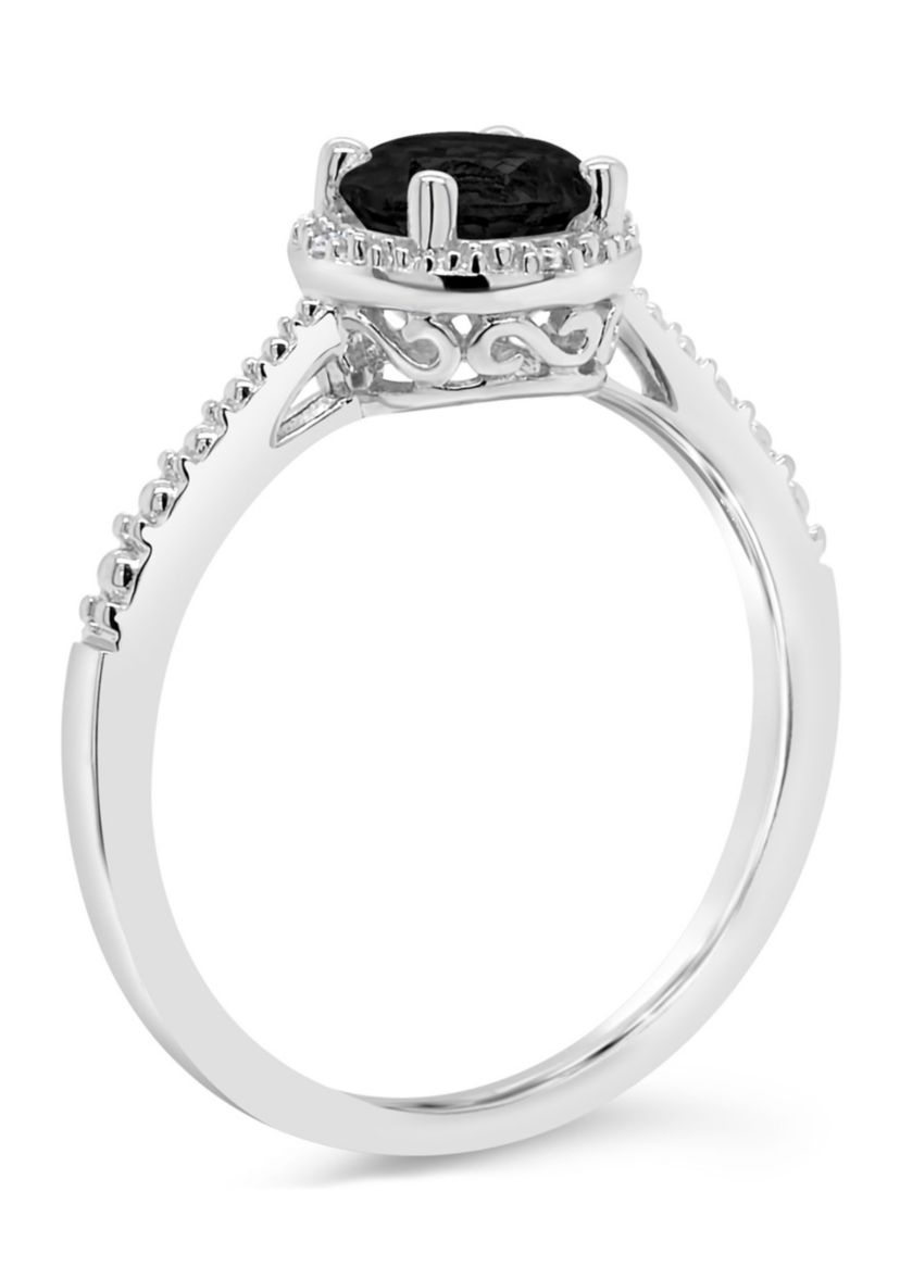 Sterling Silver 6mm Round Black Agate Diamond Accent Halo Ring
