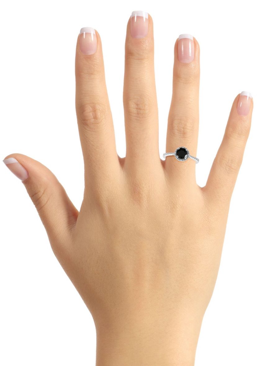 Sterling Silver 6mm Round Black Agate Diamond Accent Halo Ring
