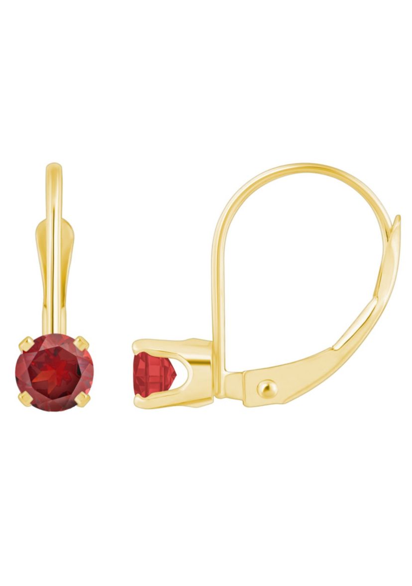 14K Yellow Gold 4mm Round Garnet Leverback Earrings