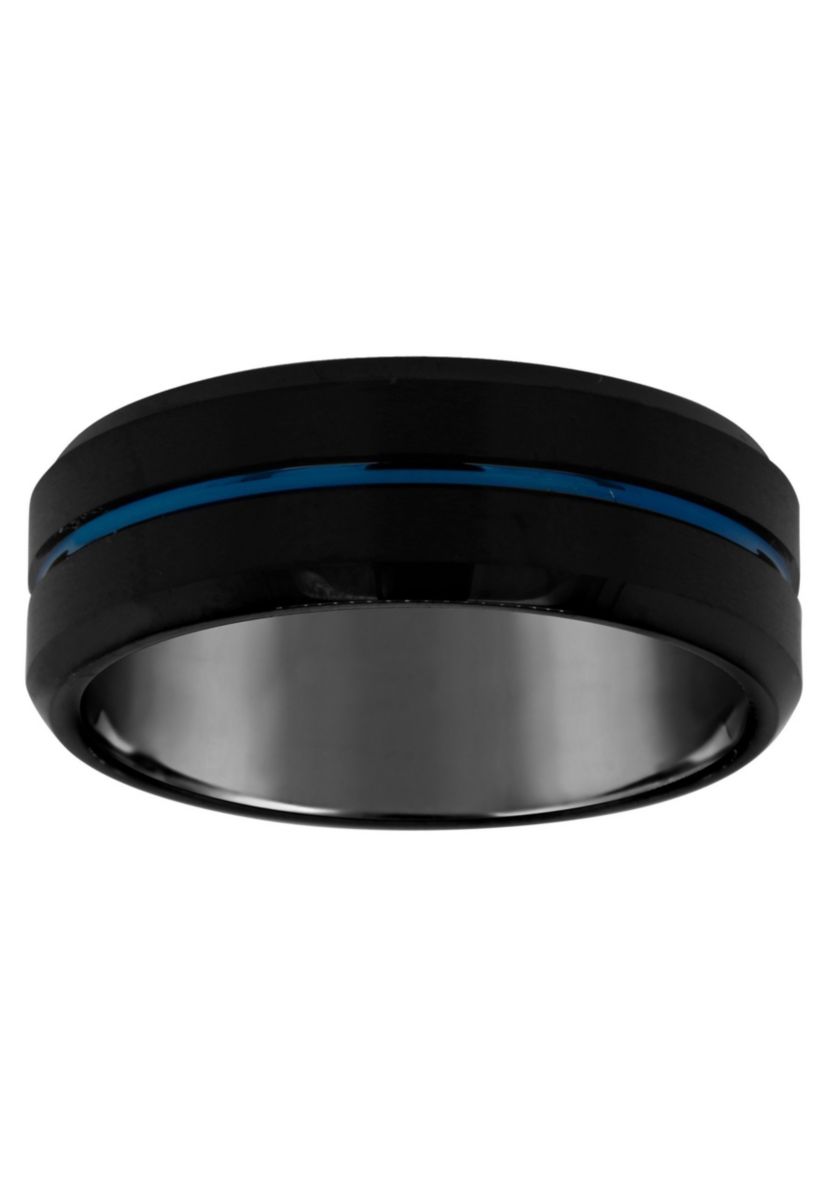 Mens 8mm Black and Blue Ion-Plated Tungsten Wedding Band