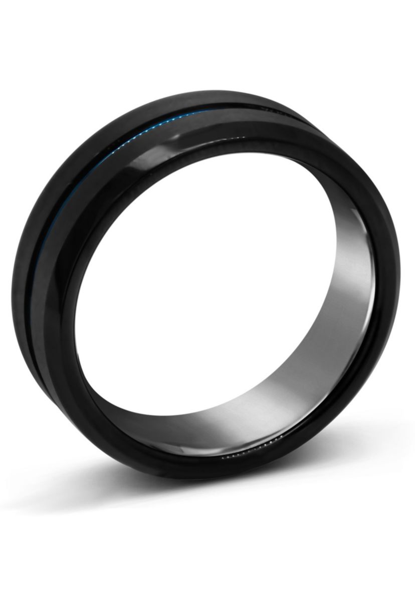 Mens 8mm Black and Blue Ion-Plated Tungsten Wedding Band