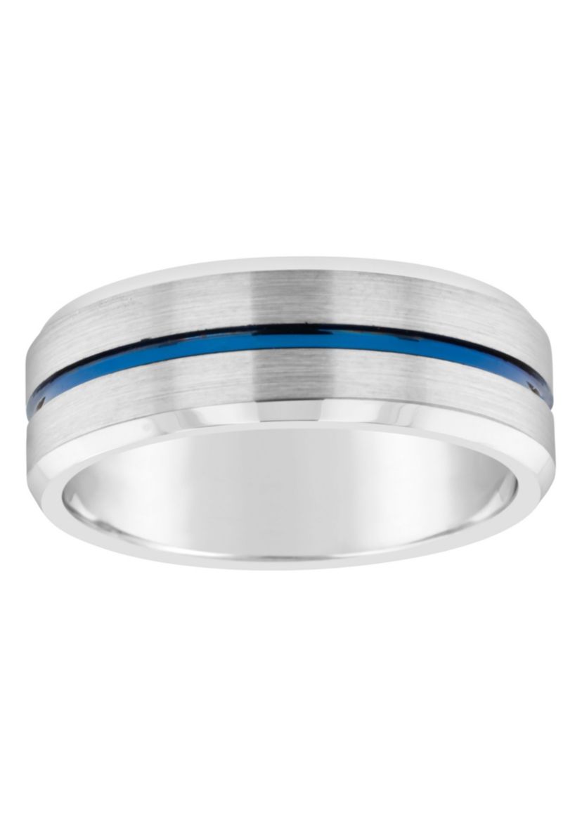 Mens 8mm Blue Ion-Plated Grooved Tungsten Wedding Band