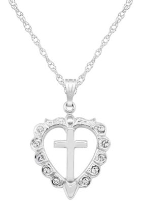 Belk & Co Sterling Silver/14K Yellow Gold Plated Crystal Heart Cross Pendant Necklace, Silver