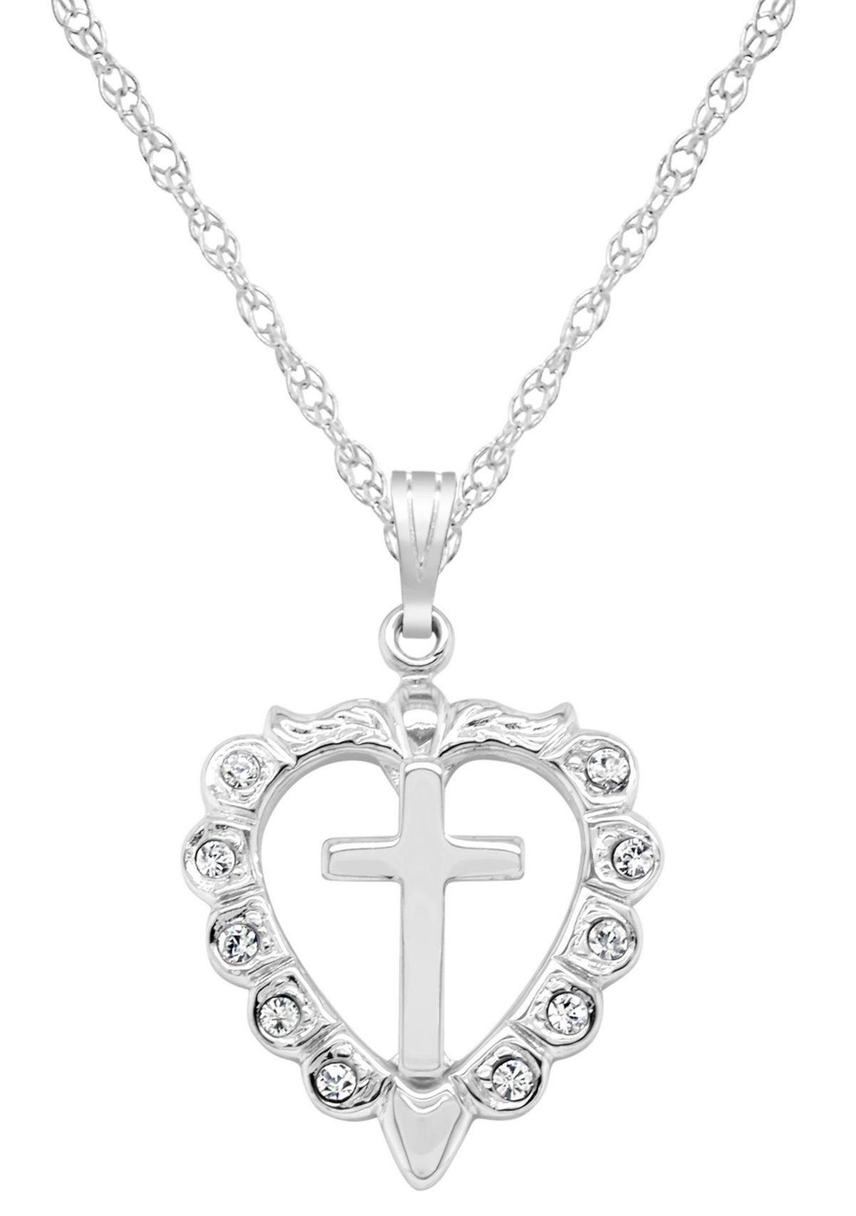 Sterling Silver/14K Yellow Gold Plated Crystal Heart Cross Pendant Necklace