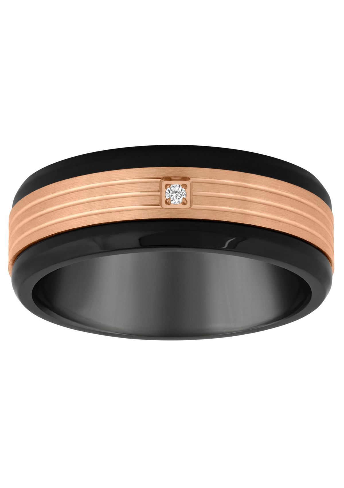 Mens Rose and Black Ion-Plated Stainless Steel Cubic Zirconia Wedding Band
