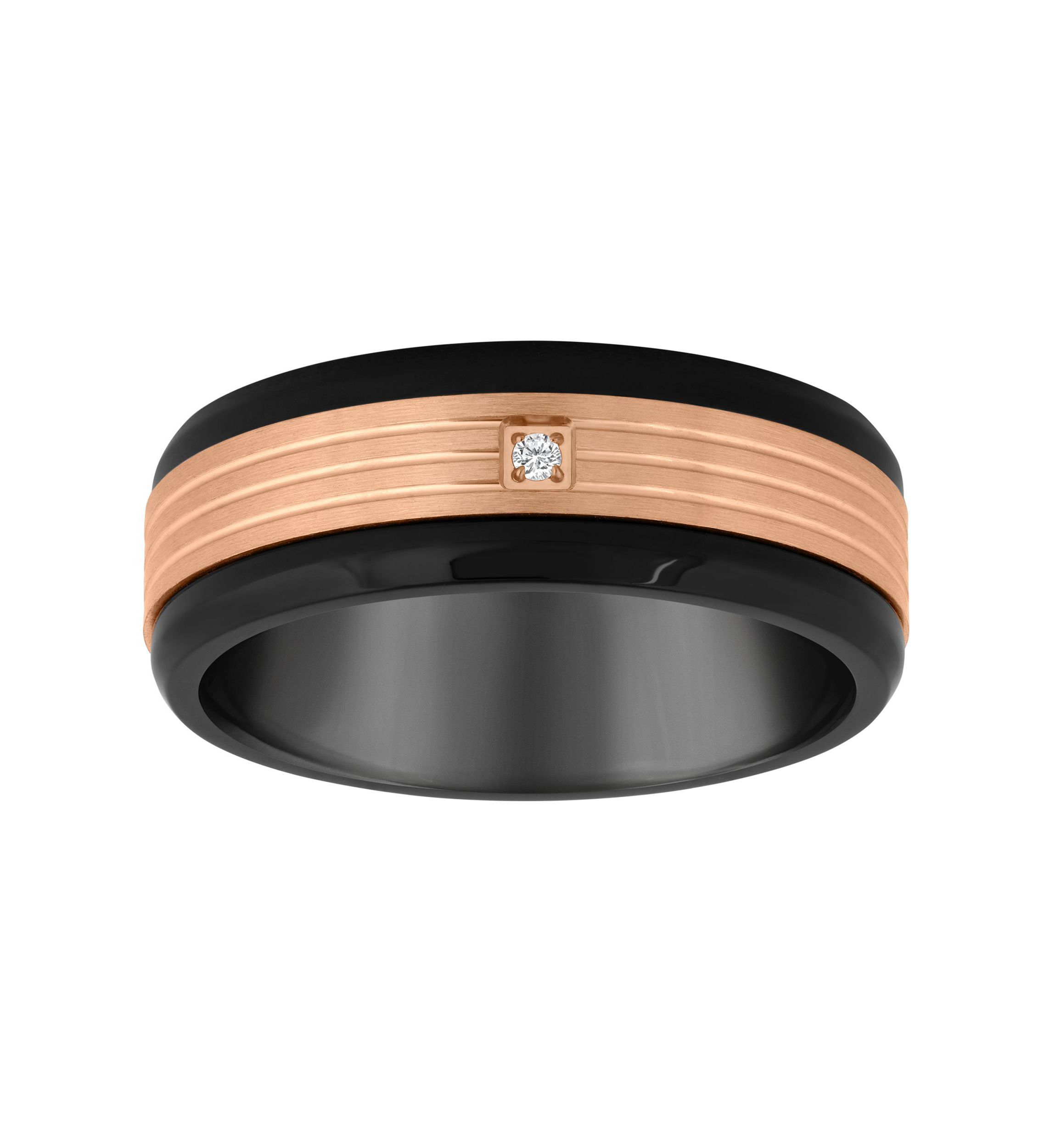 Mens Rose and Black Ion-Plated Stainless Steel Cubic Zirconia Wedding Band