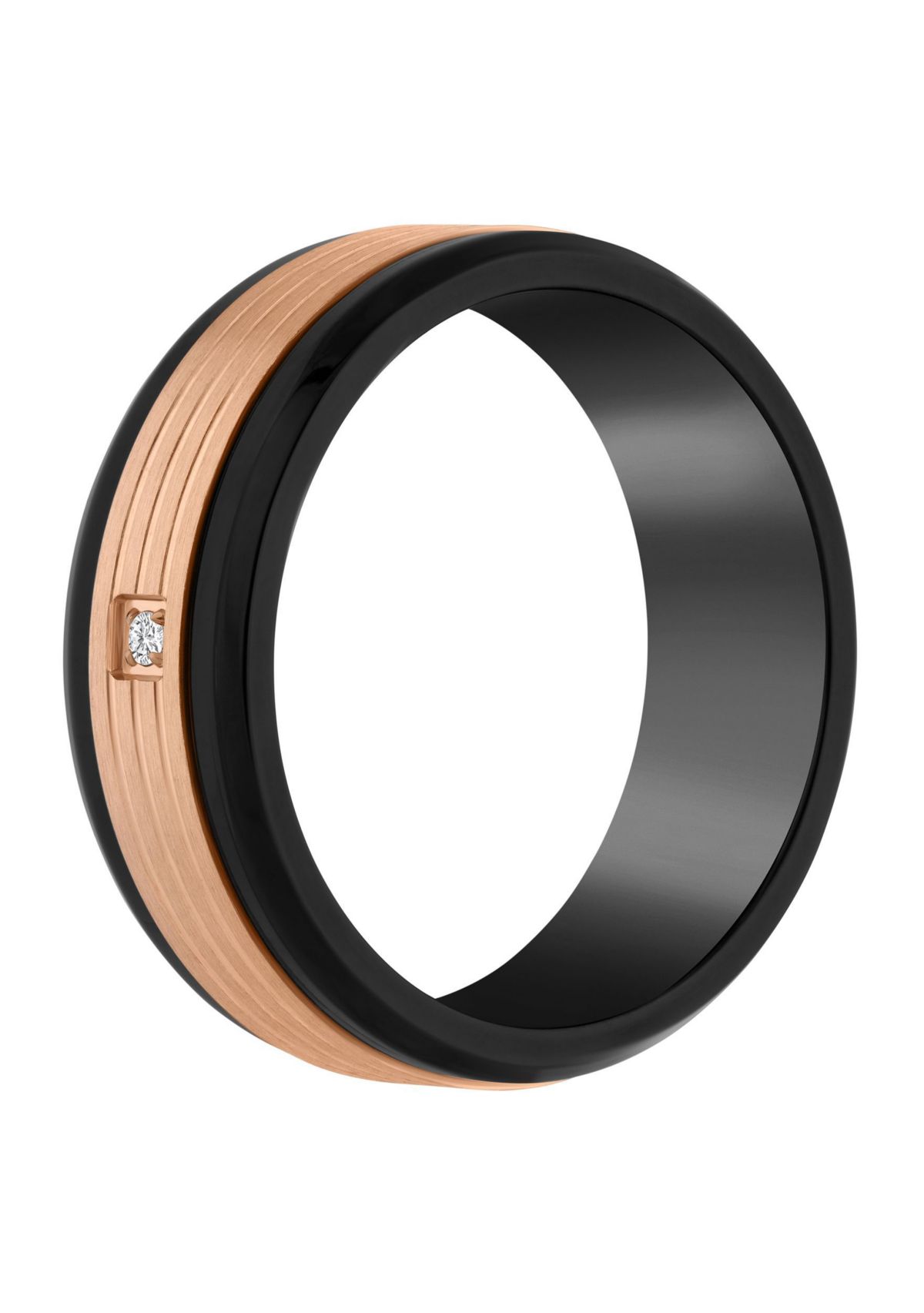 Mens Rose and Black Ion-Plated Stainless Steel Cubic Zirconia Wedding Band