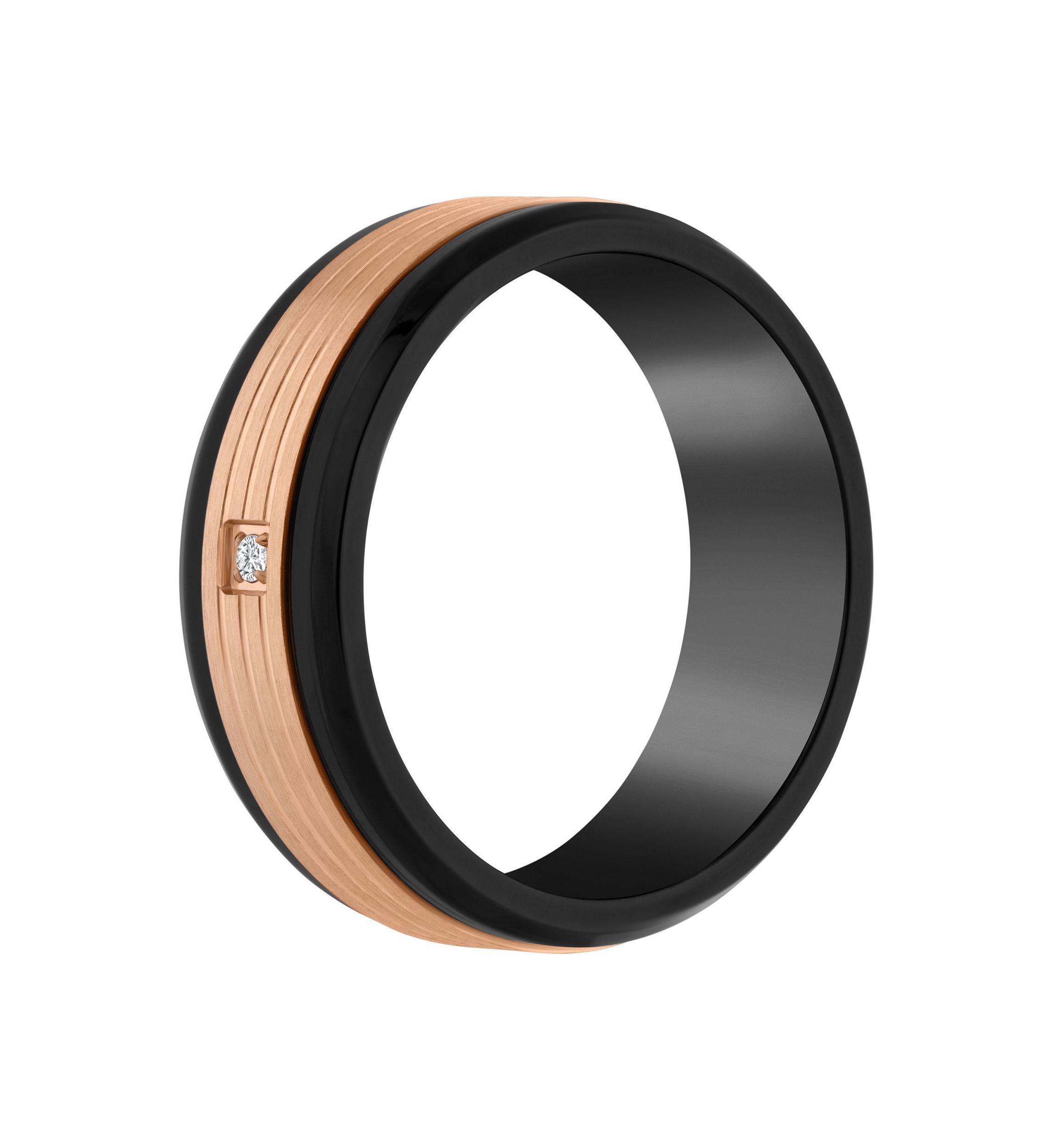 Mens Rose and Black Ion-Plated Stainless Steel Cubic Zirconia Wedding Band