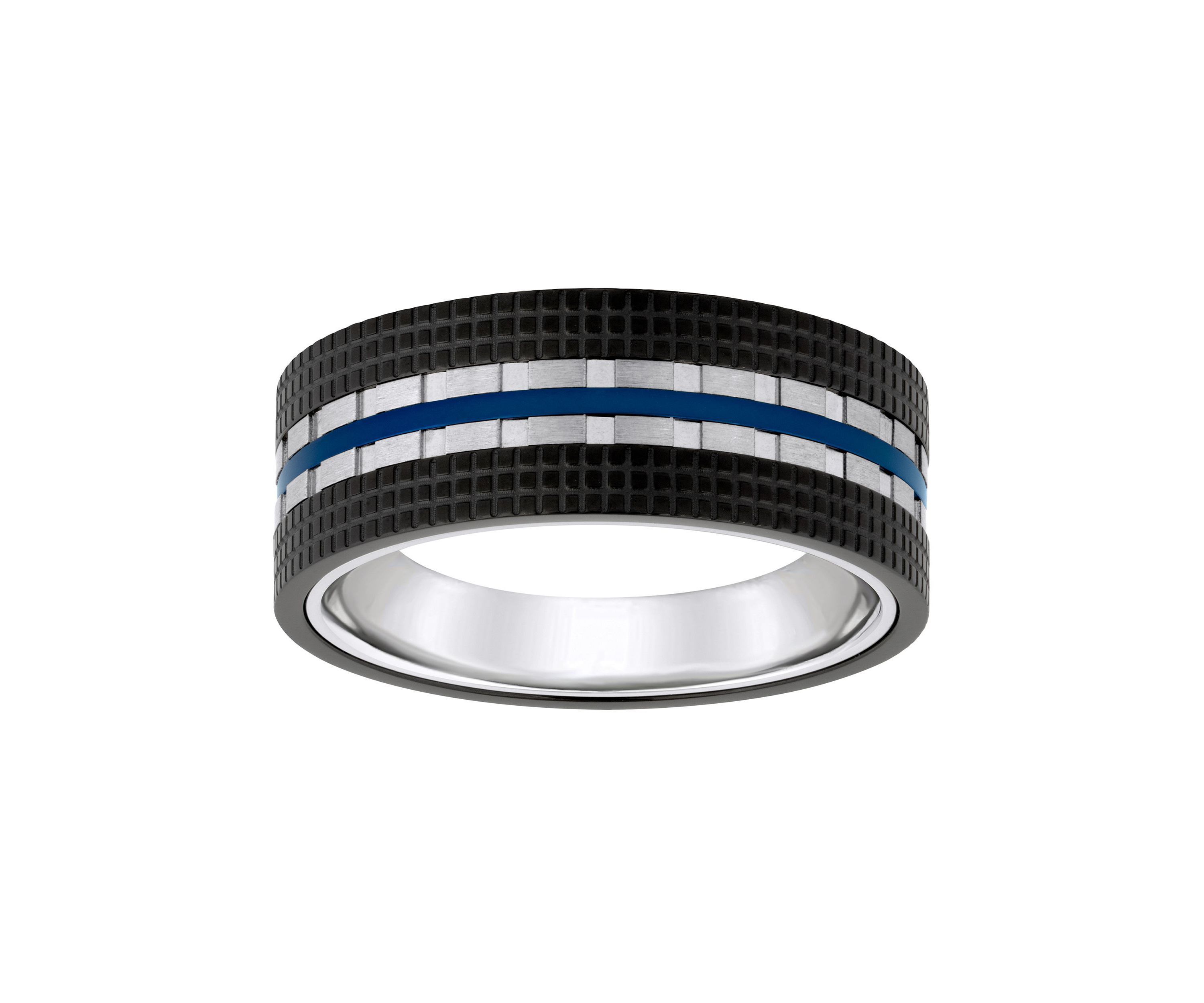 Mens Blue and Black Ion-Plated Stainless Steel Wedding Band