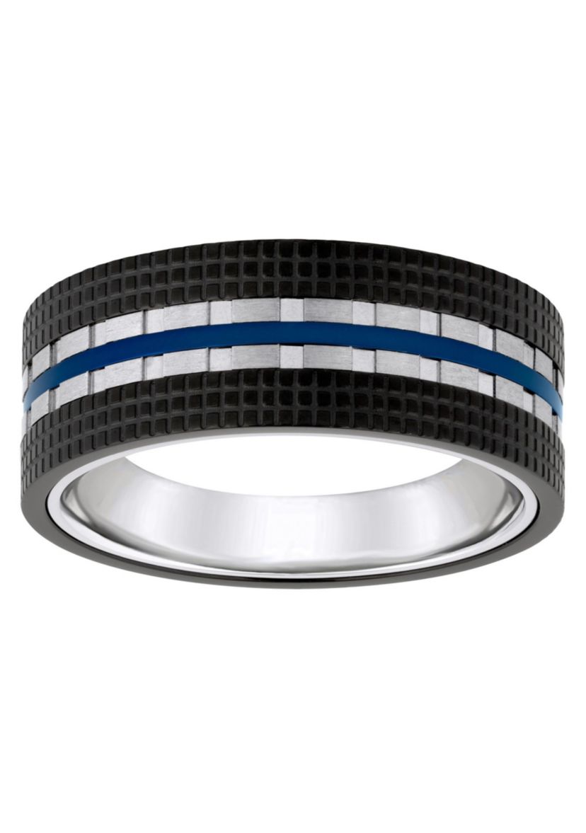 Mens Blue and Black Ion-Plated Stainless Steel Wedding Band