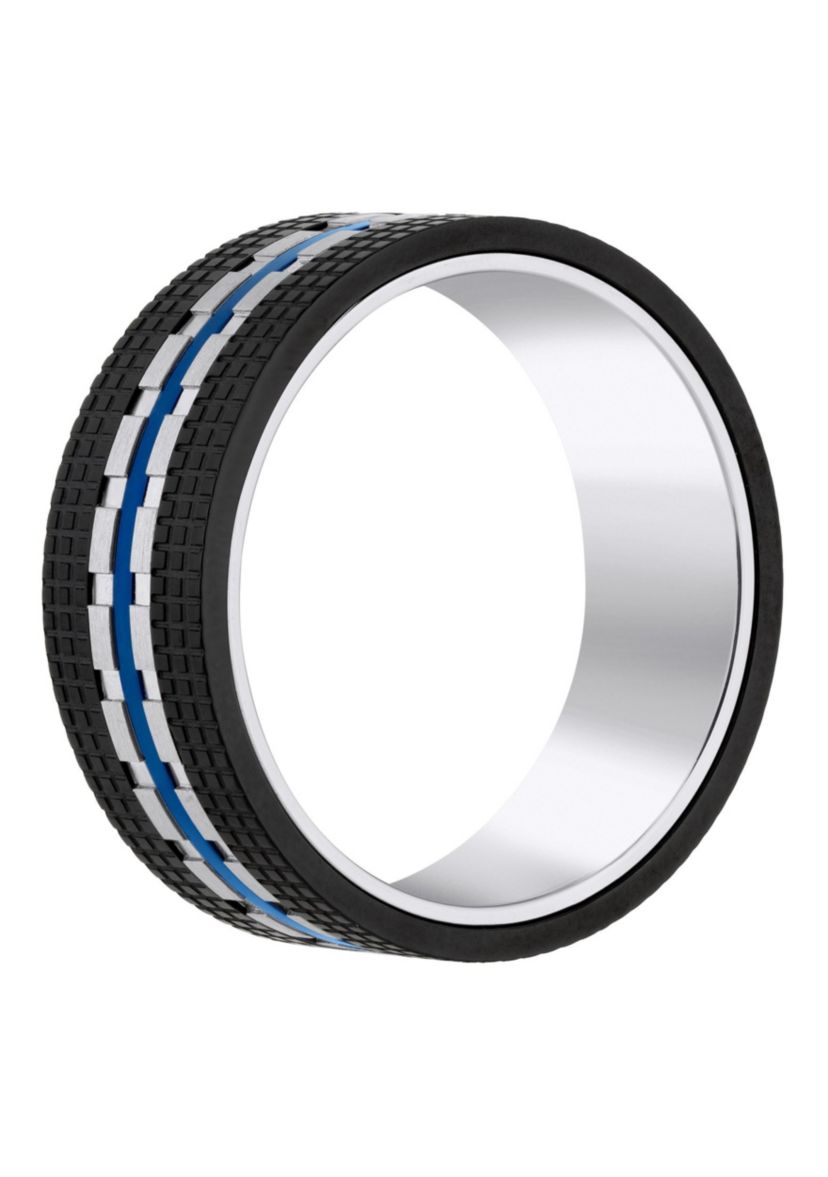Mens Blue and Black Ion-Plated Stainless Steel Wedding Band