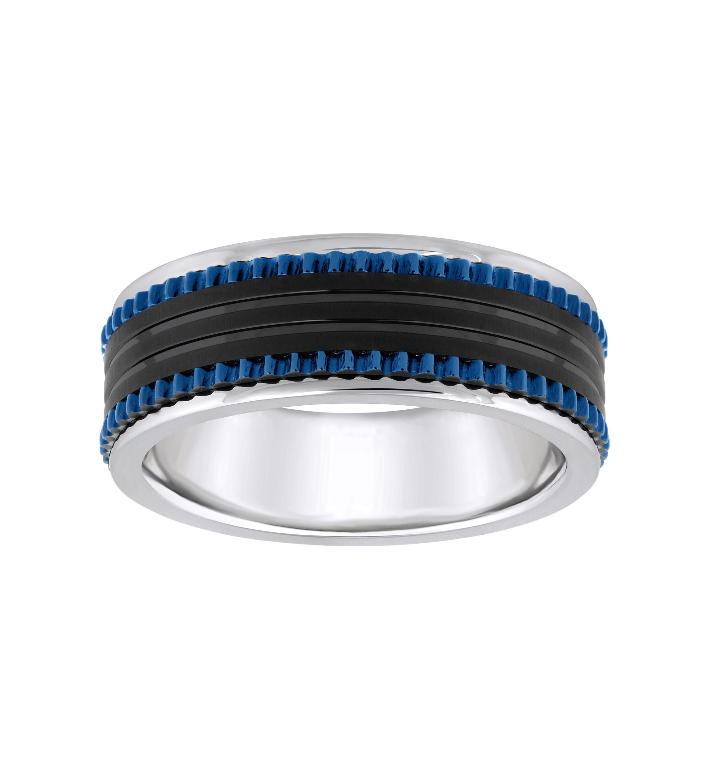 Mens Blue and Black Ion-Plated Stainless Steel Wedding Band