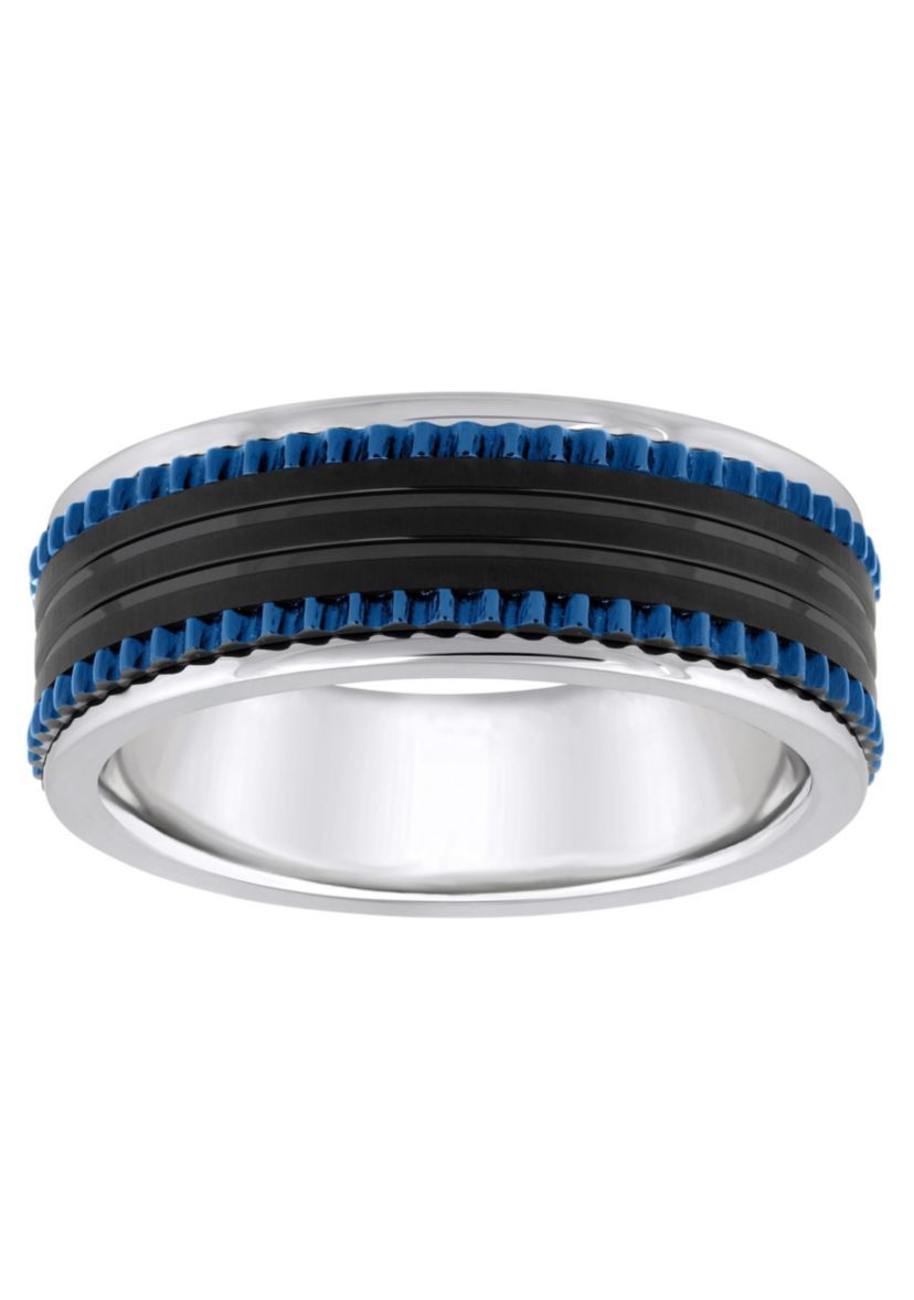 Mens Blue and Black Ion-Plated Stainless Steel Wedding Band