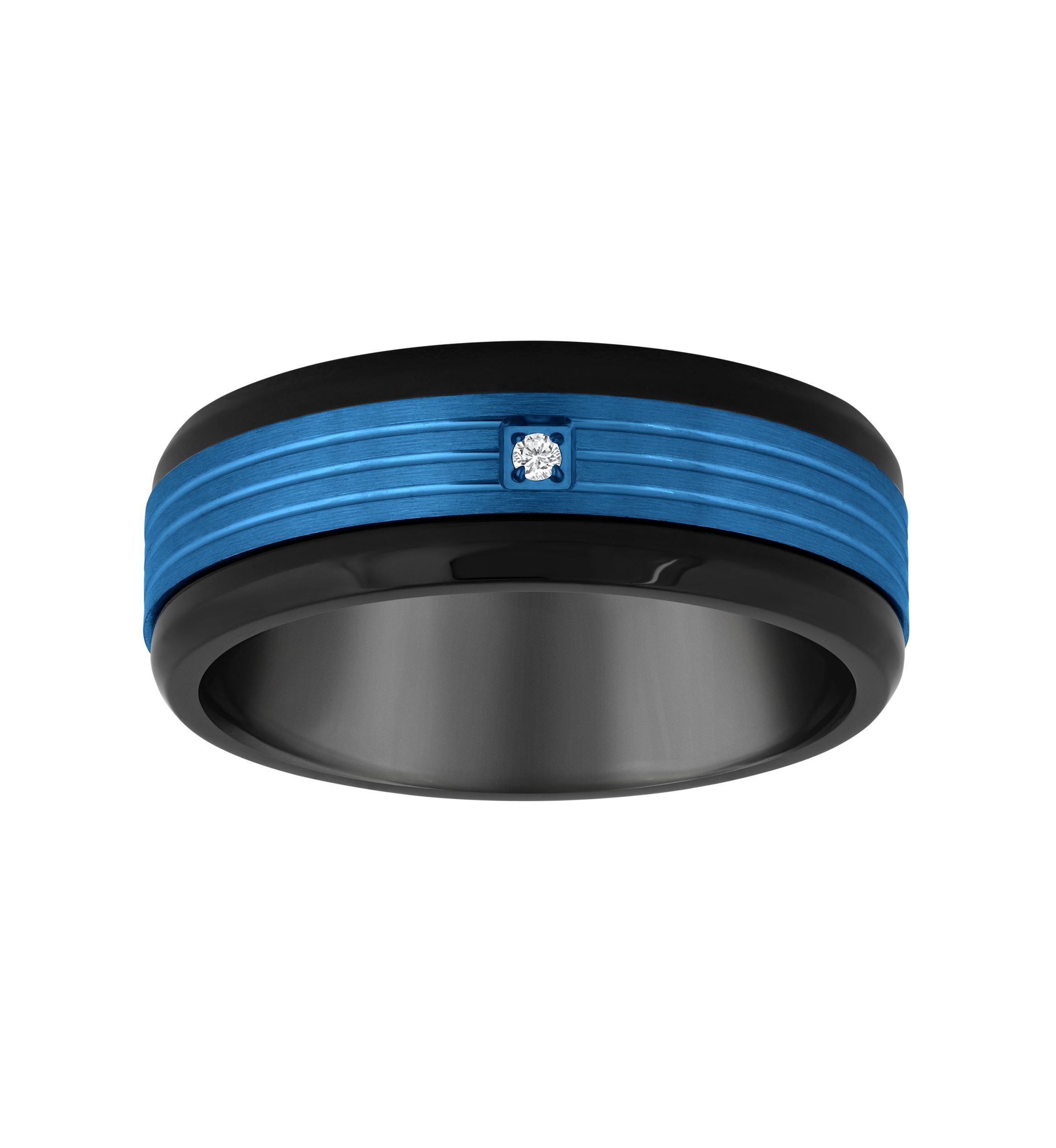 Mens Blue and Black Ion-Plated Stainless Steel Cubic Zirconia Wedding Band