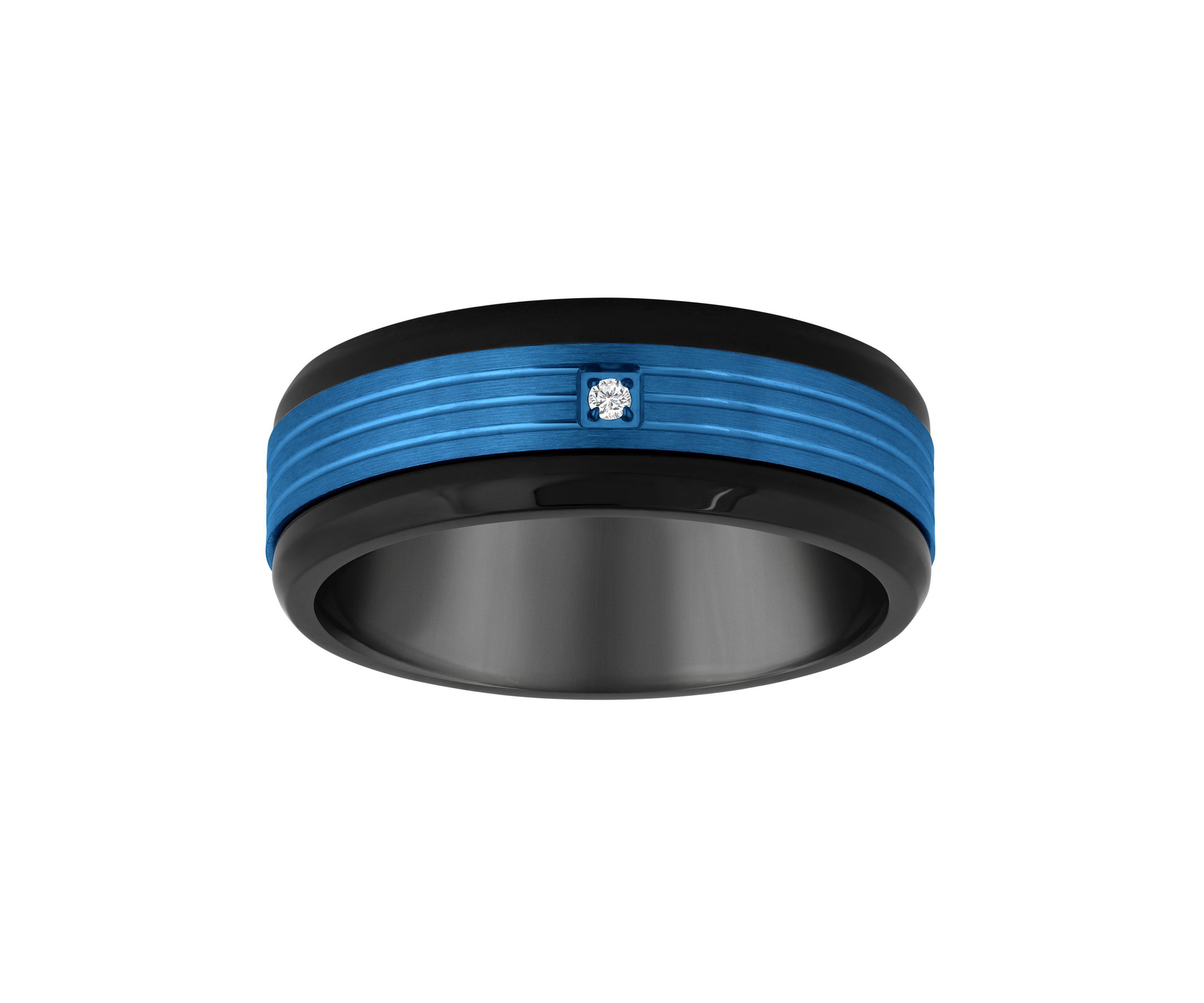 Mens Blue and Black Ion-Plated Stainless Steel Cubic Zirconia Wedding Band