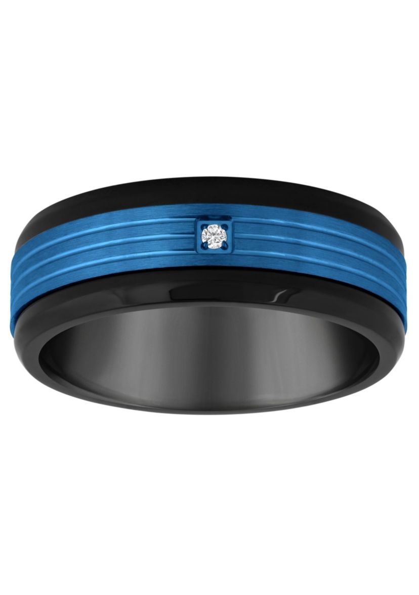 Mens Blue and Black Ion-Plated Stainless Steel Cubic Zirconia Wedding Band