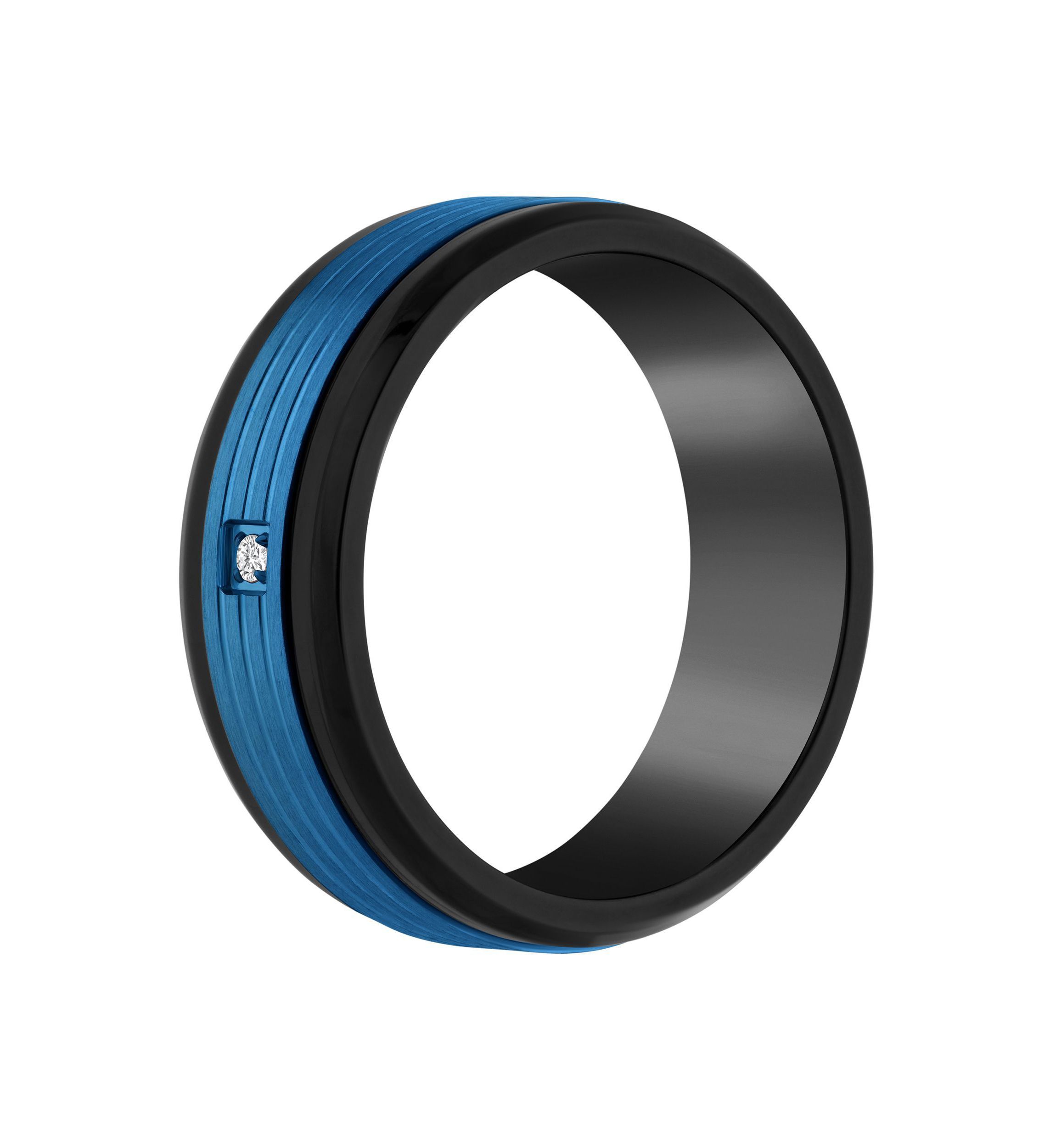 Mens Blue and Black Ion-Plated Stainless Steel Cubic Zirconia Wedding Band