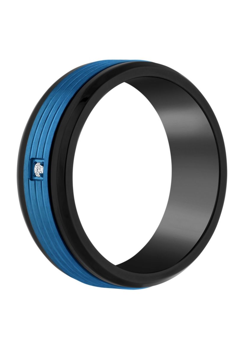 Mens Blue and Black Ion-Plated Stainless Steel Cubic Zirconia Wedding Band