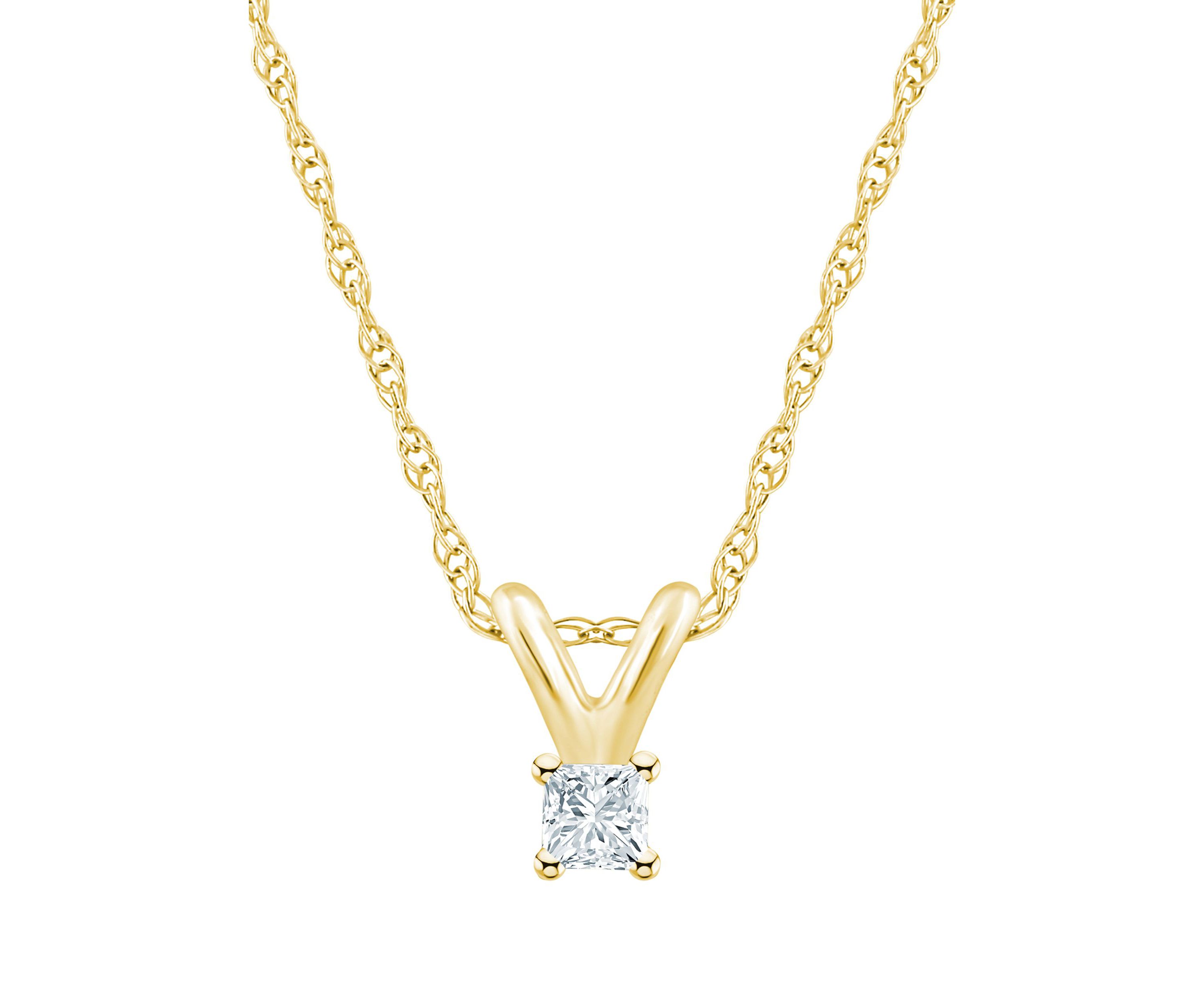 14K Yellow Gold 1/10 CTTW Pricess Cut Diamond Pendant Necklace