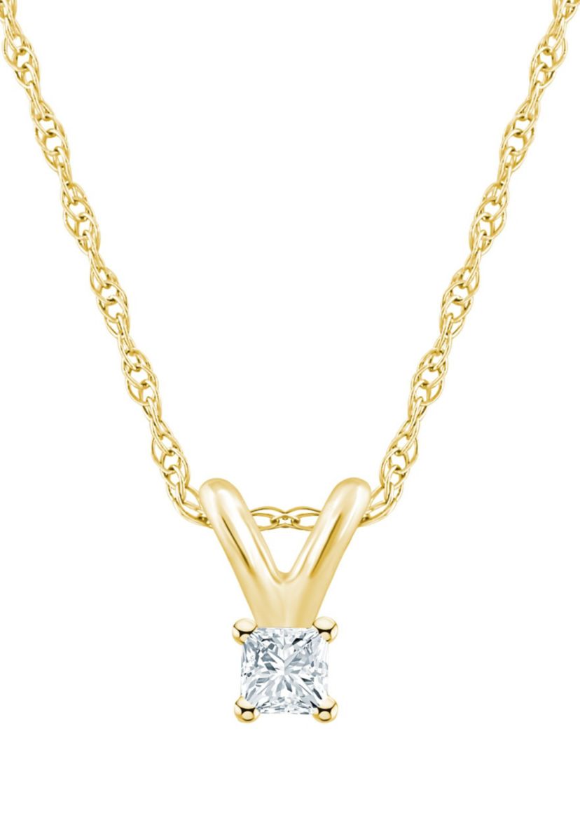 14K Yellow Gold 1/10 CTTW Pricess Cut Diamond Pendant Necklace
