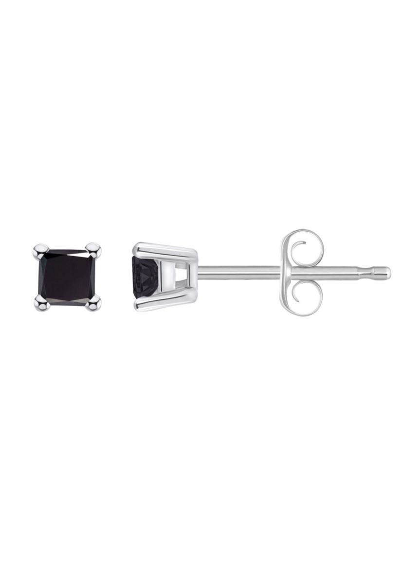 14K Yellow Gold 1/10 CTTW Princess Cut Black Diamond Stud Earrings