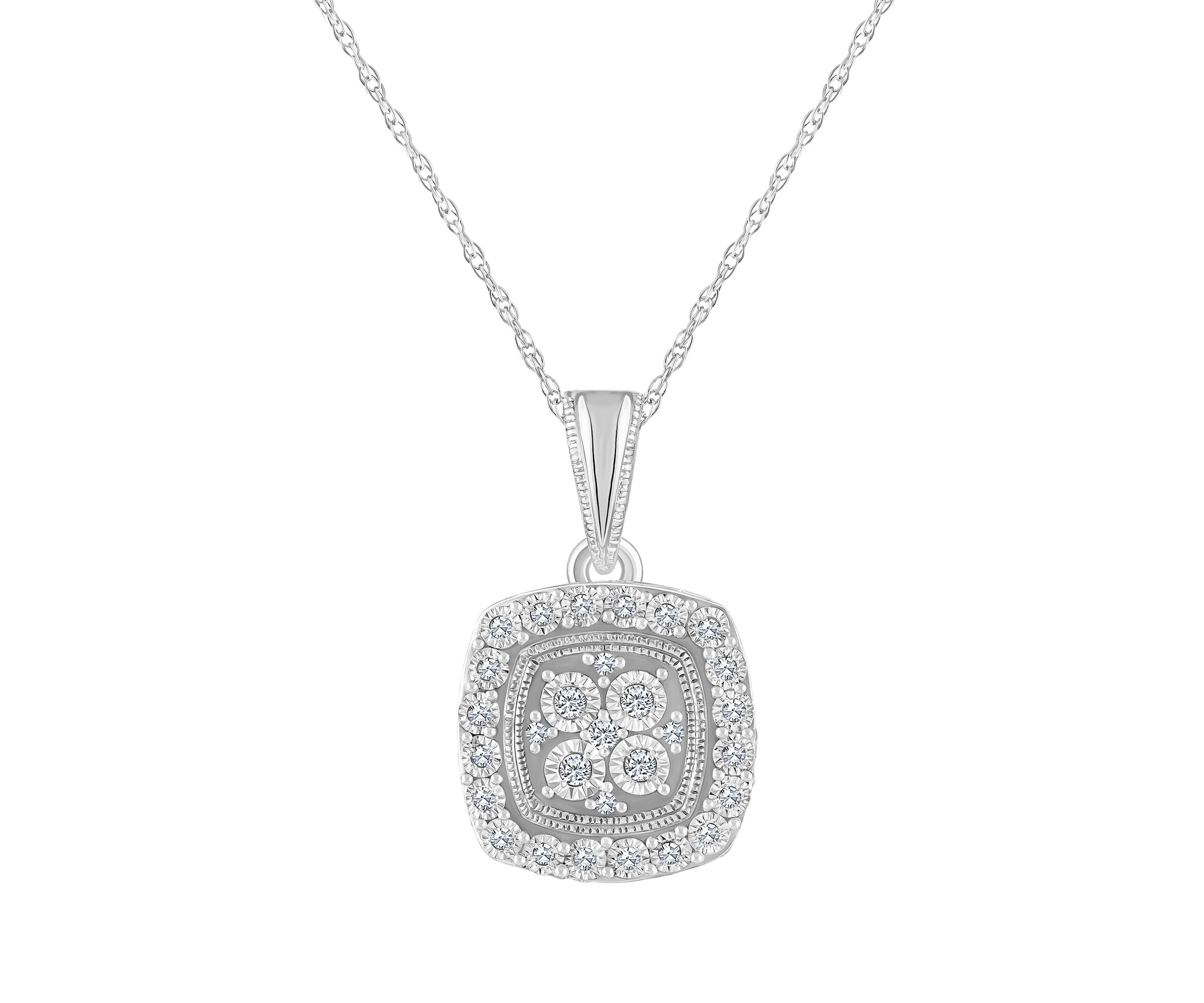 14K White Gold 1/10 CTTW Diamond Cushion Cluster Pendant Necklace