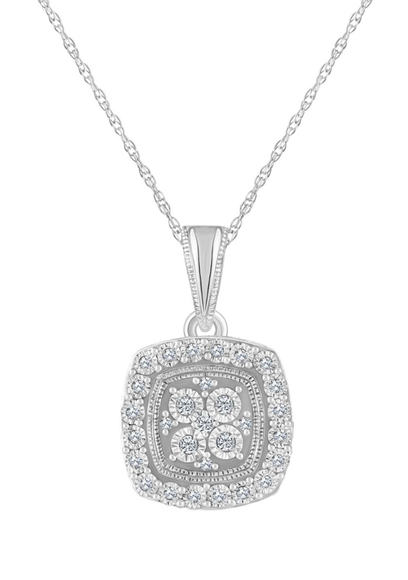 14K White Gold 1/10 CTTW Diamond Cushion Cluster Pendant Necklace