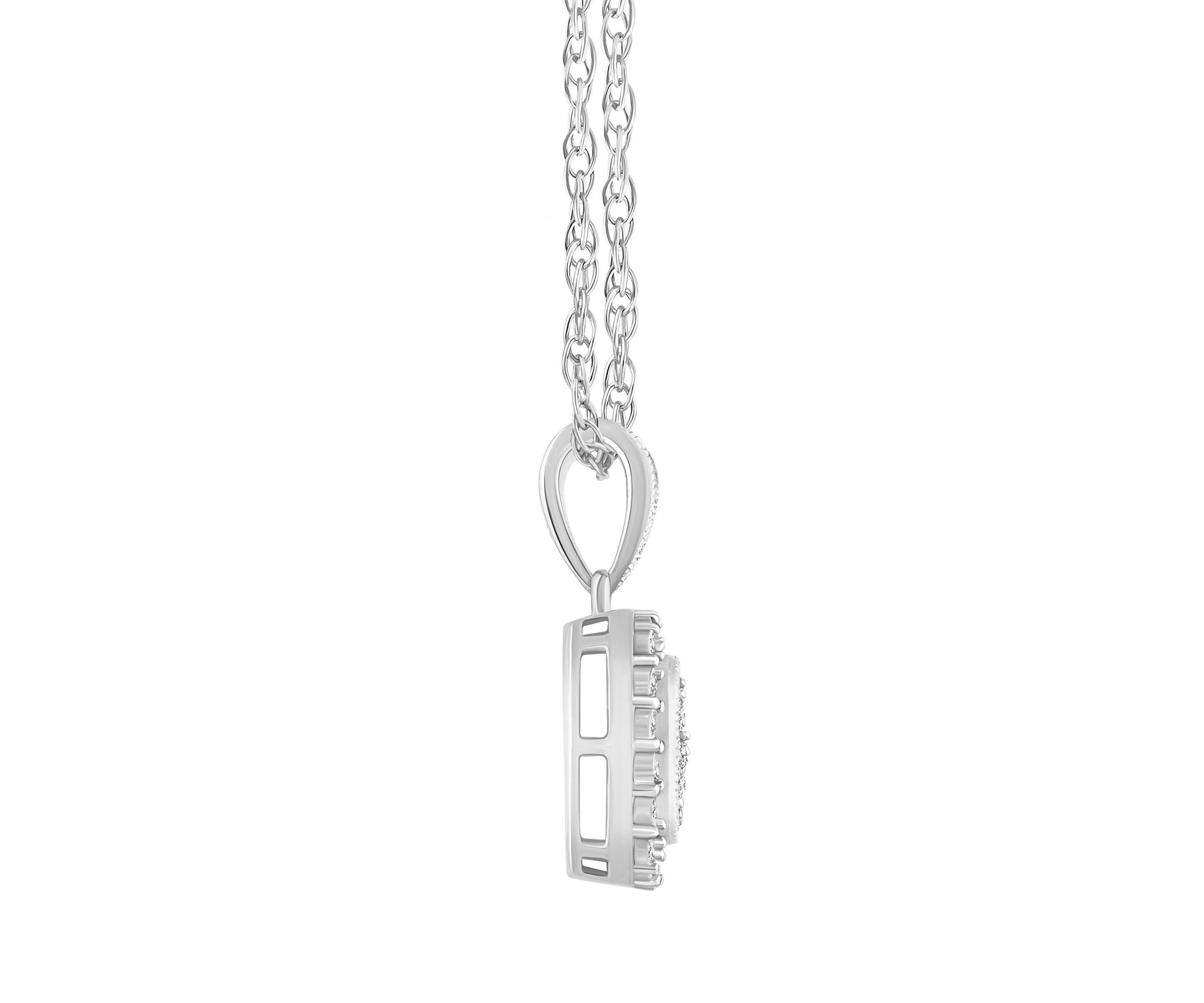 14K White Gold 1/10 CTTW Diamond Cushion Cluster Pendant Necklace