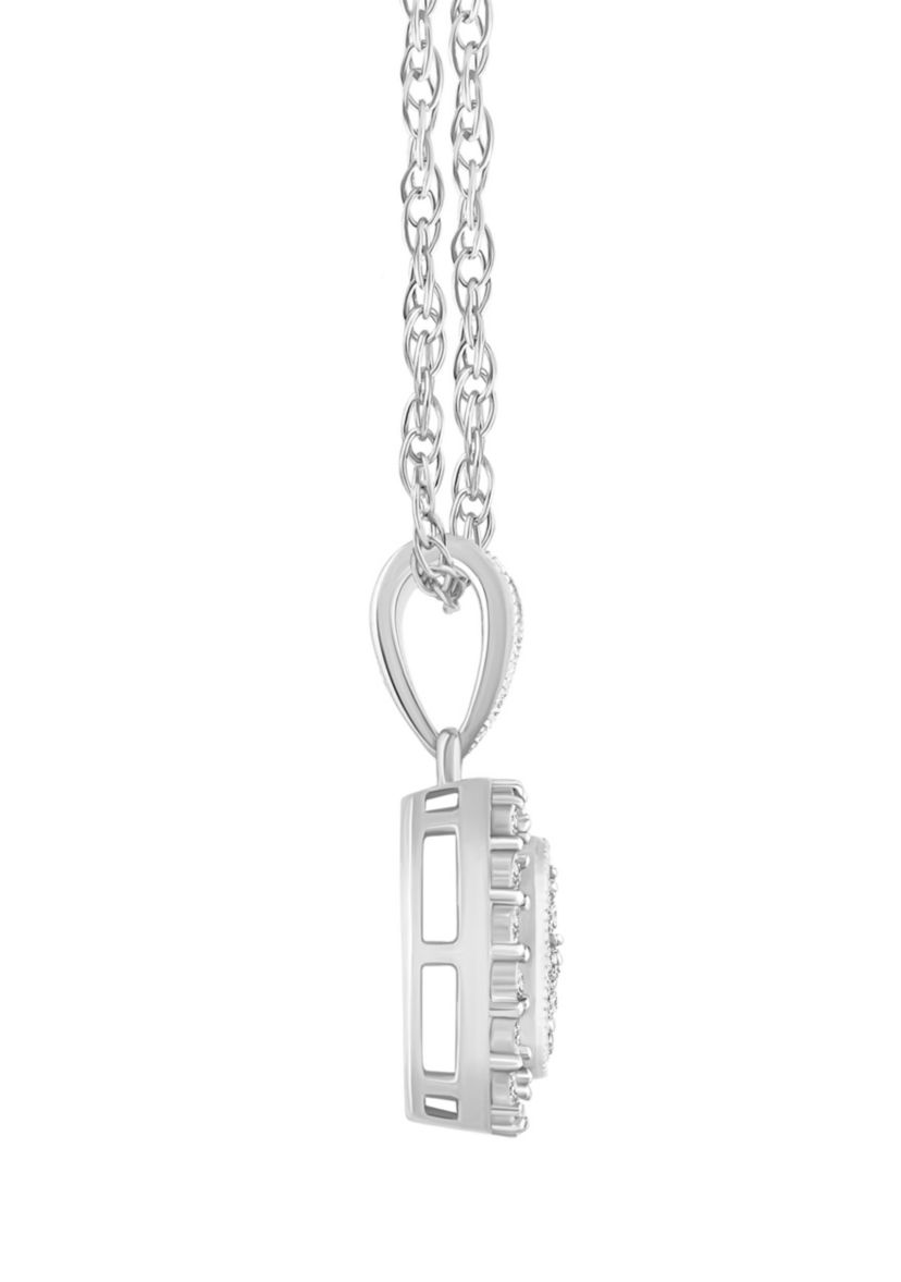 14K White Gold 1/10 CTTW Diamond Cushion Cluster Pendant Necklace