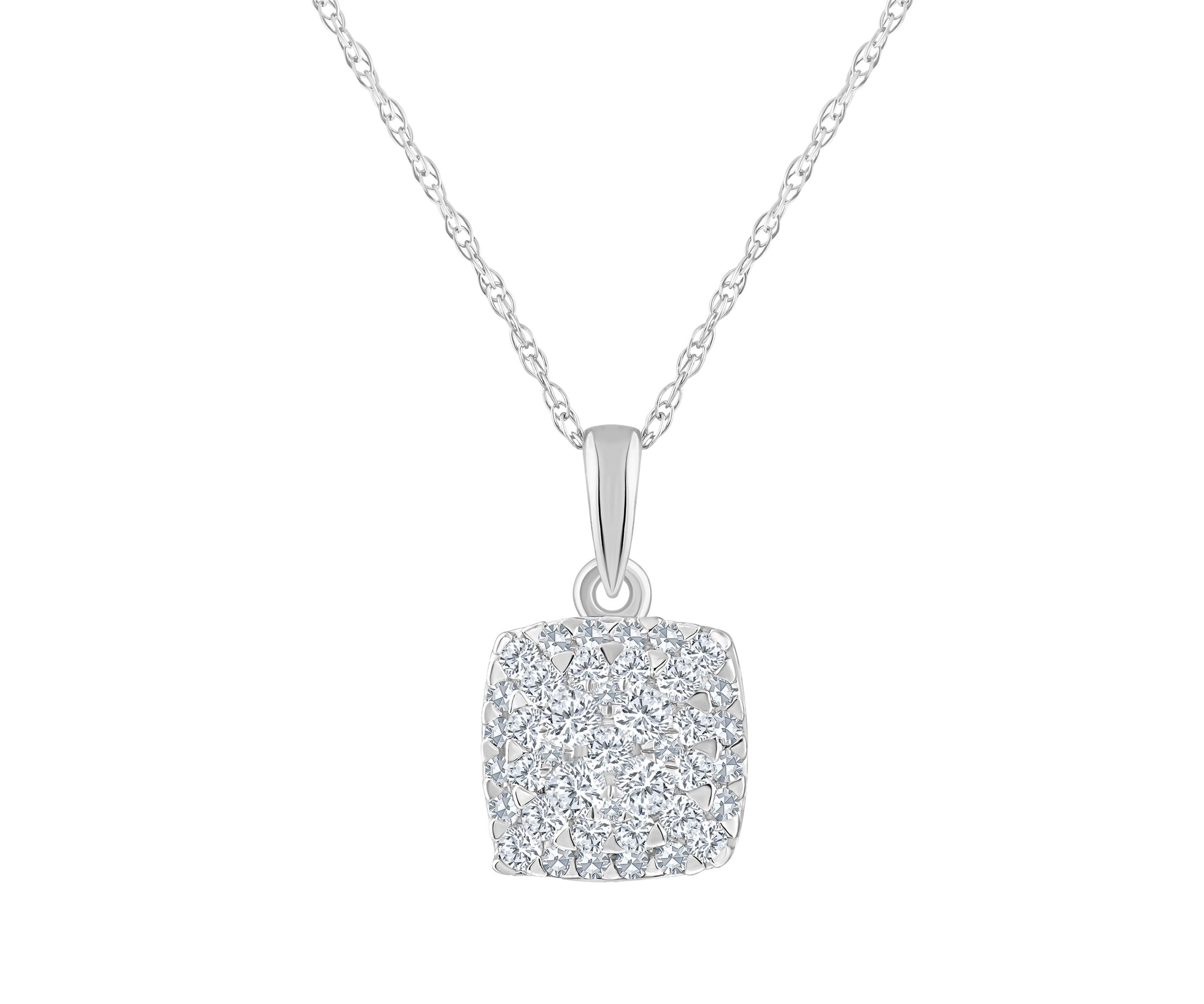14K White Gold 1/4 CTTW Diamond Cushion Cluster Pendant Necklace