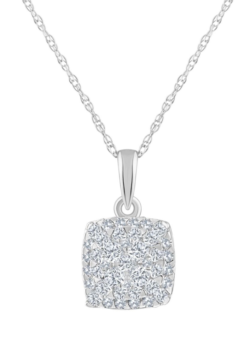 14K White Gold 1/4 CTTW Diamond Cushion Cluster Pendant Necklace
