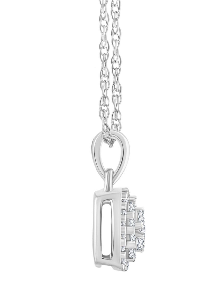 14K White Gold 1/4 CTTW Diamond Cushion Cluster Pendant Necklace