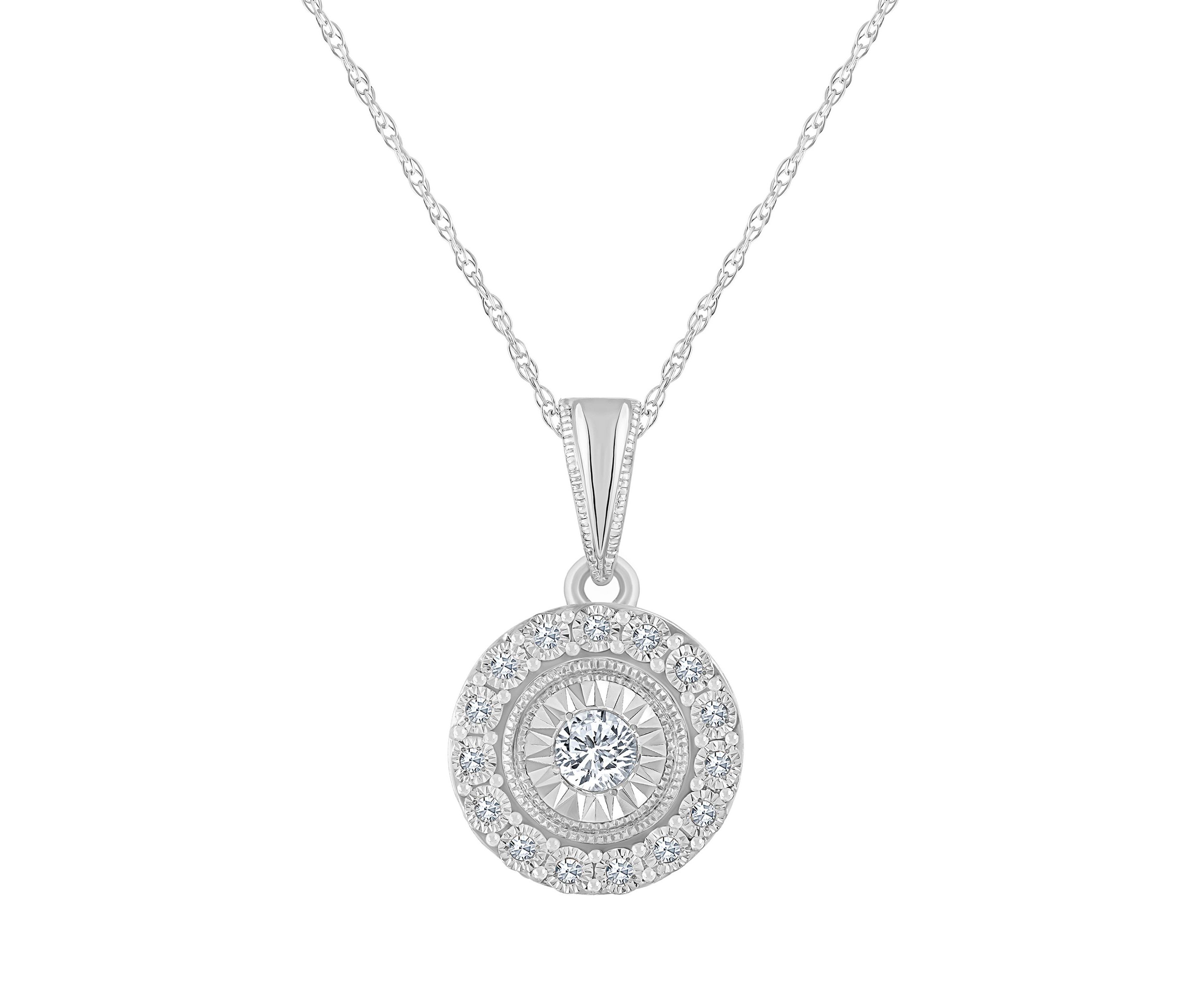 14K White Gold 1/10 CTTW Diamond Halo Cluster Pendant Necklace