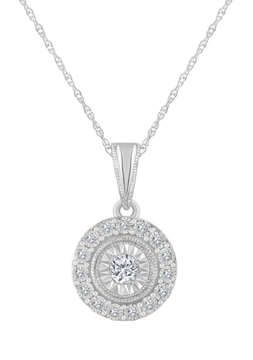 14K White Gold 1/10 CTTW Diamond Halo Cluster Pendant Necklace