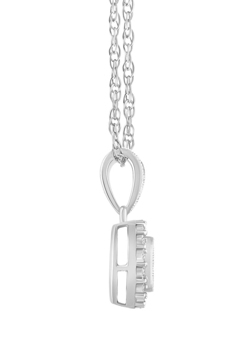 14K White Gold 1/10 CTTW Diamond Halo Cluster Pendant Necklace
