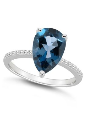 Belk & Co Sterling Silver 12x8mm Pear Shape Gemstone 1/10 CTTW Diamond Ring, Blue