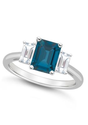 Sterling Silver 8x6mm Emerald Cut London Blue Topaz And White 3-Stone Ring