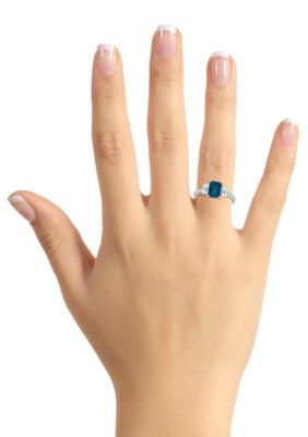 Sterling Silver 8x6mm Emerald Cut London Blue Topaz And White 3-Stone Ring