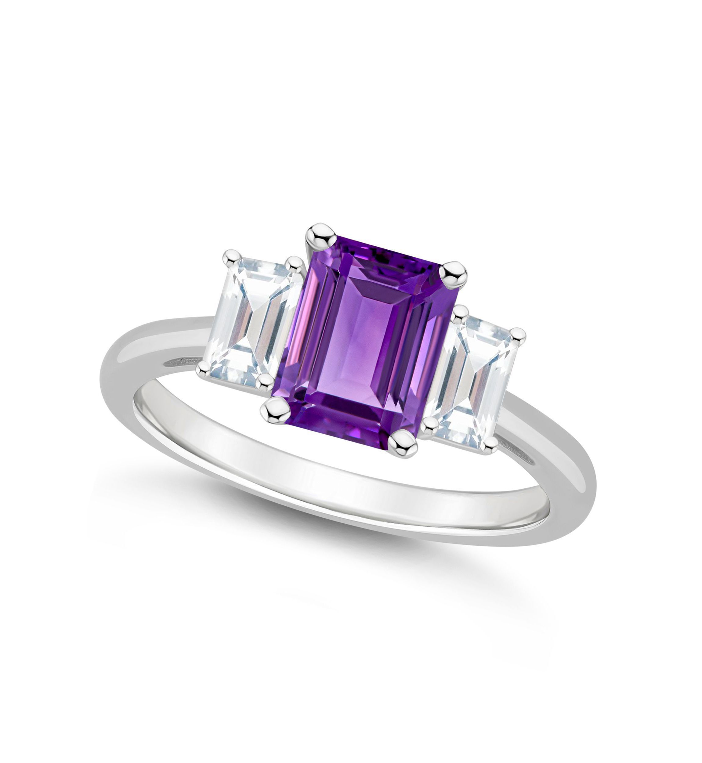 Sterling Silver 8x6mm Emerald Cut Amethyst And White Topaz 3-Stone Ring