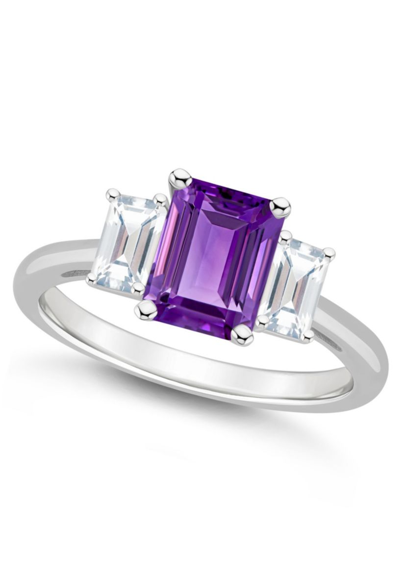 Sterling Silver 8x6mm Emerald Cut Amethyst And White Topaz 3-Stone Ring