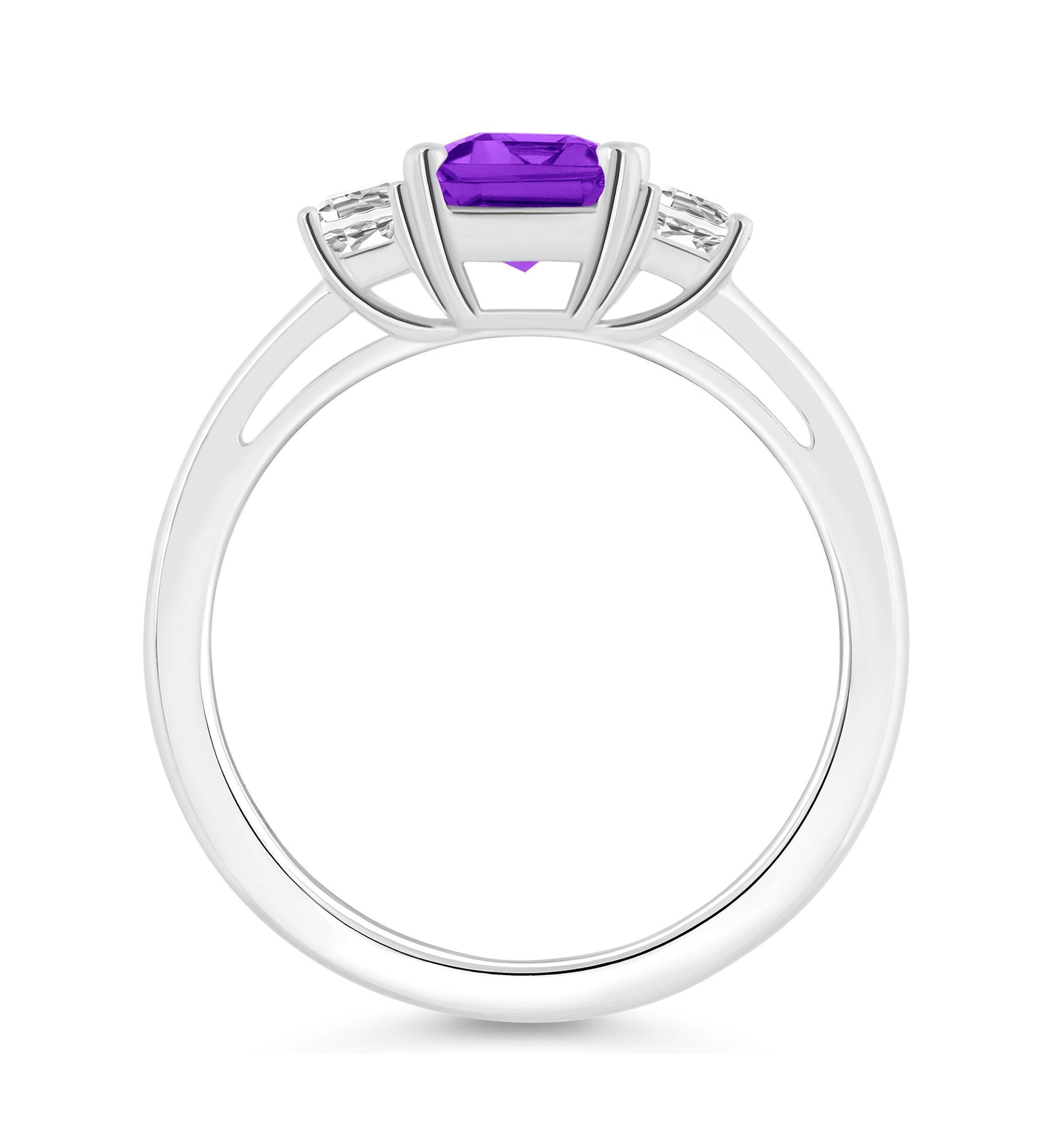 Sterling Silver 8x6mm Emerald Cut Amethyst And White Topaz 3-Stone Ring