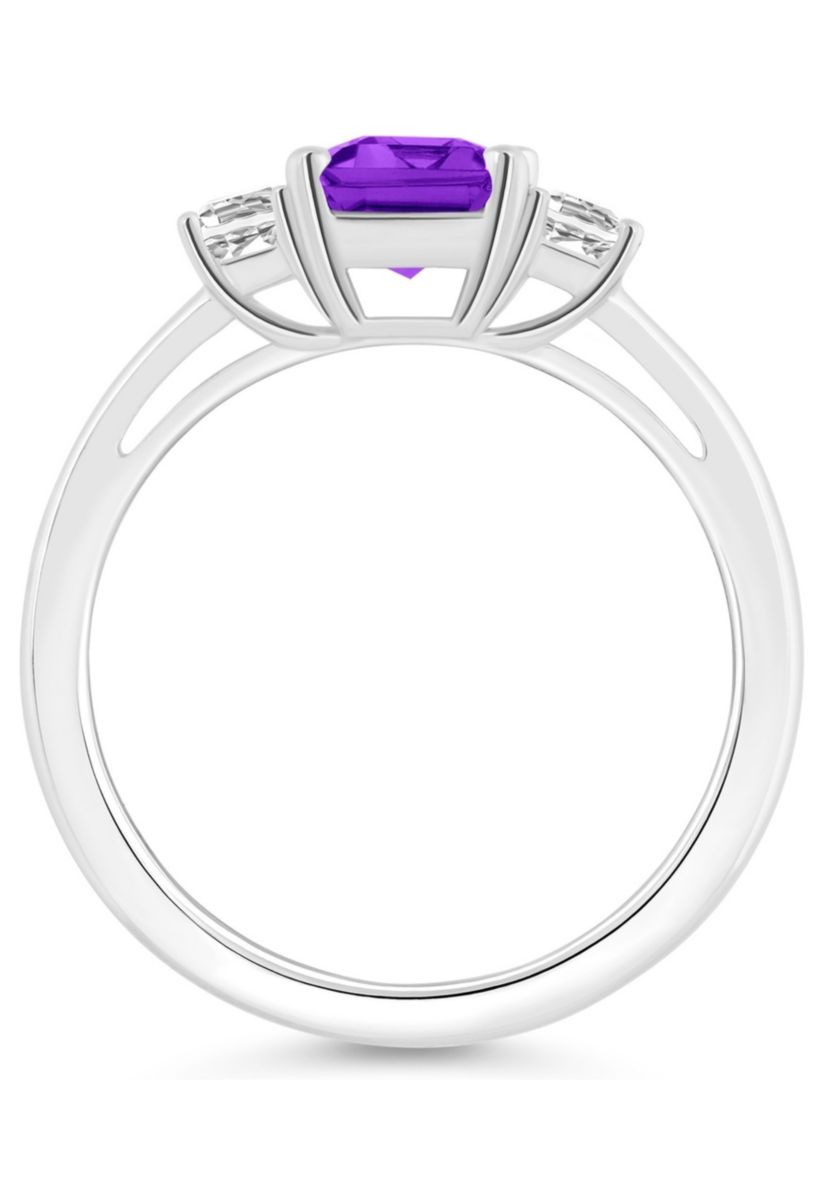 Sterling Silver 8x6mm Emerald Cut Amethyst And White Topaz 3-Stone Ring