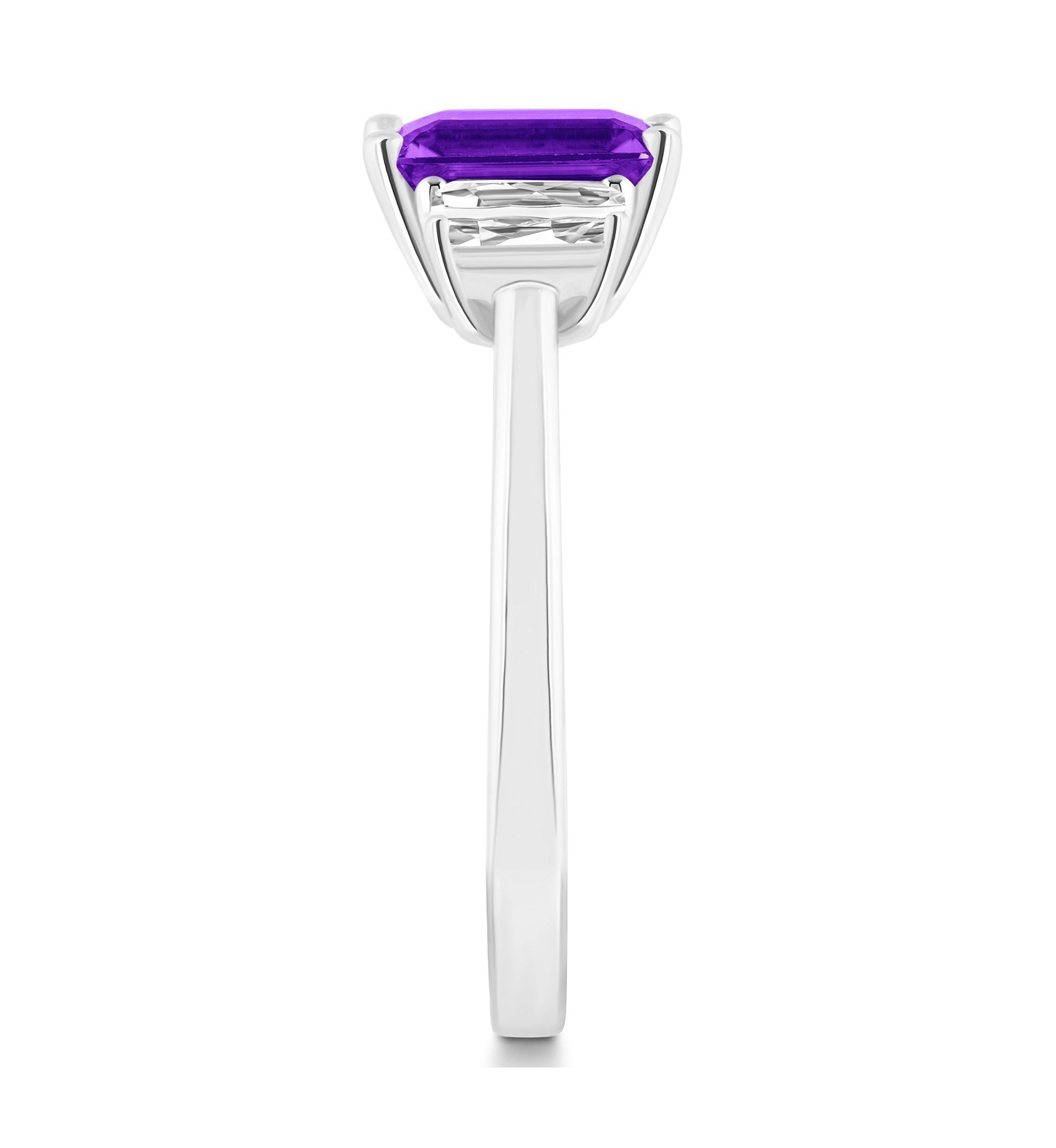 Sterling Silver 8x6mm Emerald Cut Amethyst And White Topaz 3-Stone Ring