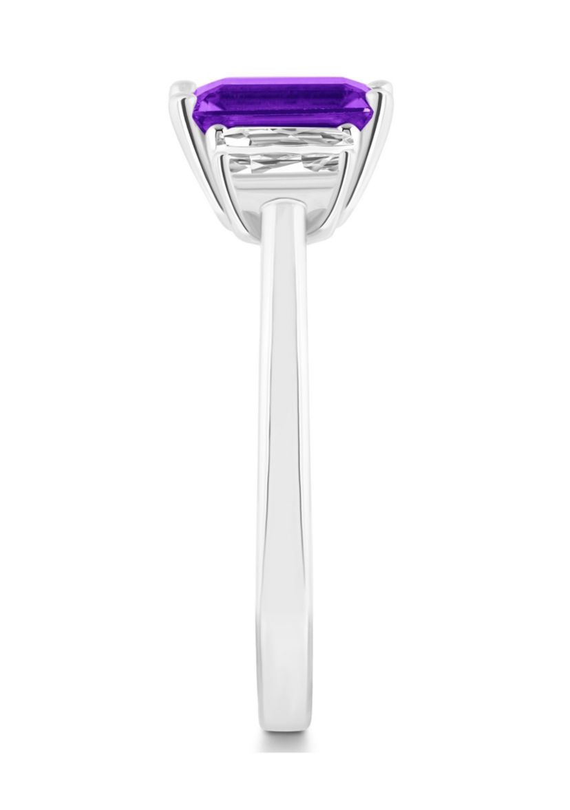 Sterling Silver 8x6mm Emerald Cut Amethyst And White Topaz 3-Stone Ring
