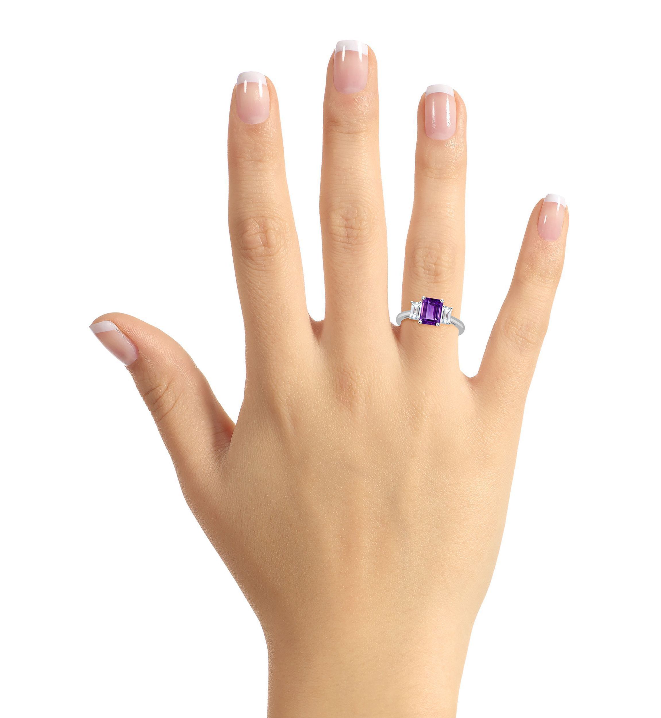 Sterling Silver 8x6mm Emerald Cut Amethyst And White Topaz 3-Stone Ring