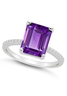 Sterling Silver 10x8mm Emerald Cut Amethyst 1/10 CTTW Diamond Ring